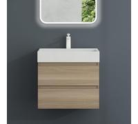 Mai & Mai Meuble sous Lavabo Chêne Clair Meubles de Salle de Bain 60x38x56cm Meuble Suspendu avec 2 Tiroirs + Lavabo + Bonde Verona