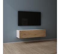 Mai & Mai Meuble TV Suspendu Table TV Salon Blanc Mat + Marron Clair 120cm | Armoire TV, Poignée Invisible et Soft-Close, Table de Télévision, Grand Espace de Rangement, 120x38,4x30cm, TC002