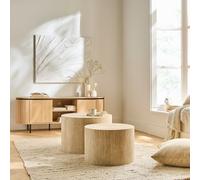 Calicosy - Lot de 2 Tables Basses Rondes - Structure MDF - Décor Imitation Travertin - Tables Empilables - Collection Maia - Salon - D58 x H38 cm