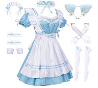 Maid Outfit Déguisement Lolita Robe Lolita Costume de Soubrette Tenue Soubrette Déguisement de Servante Française avec Bandeau, Gants, Chaussettes Femme pour Carnaval Cosplay Halloween Noël Bleu M
