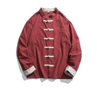 MAIFURUN Veste pour homme traditionnel chinois vêtements en lin Hanfu haut à manches longues Tang costume Kung Fu chemise cardigan manteau M-5XL, Rouge, XXL 70-76KG