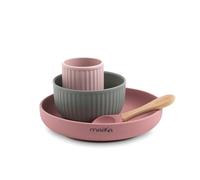 MAÏKA Coffret repas 4 pièces | dès 6 mois | en silicone | gobelet bol assiette et cuillère | bol et assiette avec ventouse | vaisselle incassable | compatible micro-onde lave-vaisselle | Rose & Sauge