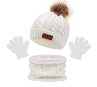 MAILEKT Ensemble Bonnet Echarpe Gant Fille, Enfant Hiver Bonnet Echarpe Gants Ensemble, Bonnet Enfant Hiver avec Pompon, Tour de Cou Enfant avec Doublure Set Pour Gant Garçon et Fille 2 à 6 ans