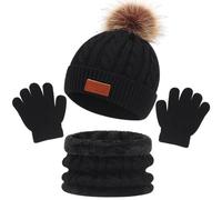 MAILEKT Ensemble Bonnet Echarpe Gant Fille, Enfant Hiver Bonnet Echarpe Gants Ensemble, Bonnet Hiver avec Pompon, Tour de Cou avec Doublure Set Pour Garçon et Fille 2 à 6 ans