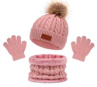 MAILEKT Ensemble Bonnet Echarpe Gant Fille Garçon, Enfant Hiver Bonnet Echarpe Gants Ensemble, Bonnet Enfant Hiver avec Pompon, Tour de Cou avec Doublure Set Pour Gant 2 à 6 ans