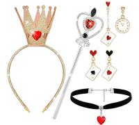 Mailfull 5 Pièces Accessoires Costume Reine de Coeur Inclus Couronne Sceptre Collier Ras Boucles D'oreilles pour Femmes Fille pour Carnaval Halloween Cosplay