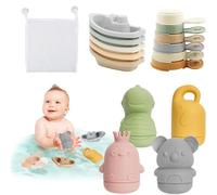 Mailfull Jouet de Bain pour Bebe 15 Pièces Jouets Bain Bébé à Presser Sensoriels avec Bateaux Empilables et Cuillère Filet de Rangement Idéal dès 6 Mois 1-3 Ans