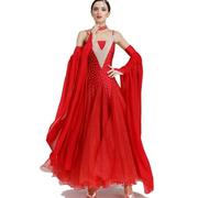 Maille Épissure Valse Tango Professionnel Salsa Compétition Costumes avec Manches Élégante Robes De Danse De Salon sans Bretelles pour Femmes Robe De Danse Sociale Grande Balançoire,Rouge,3XL