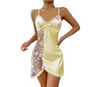 Maille Florale Broderie Dentelle Garniture Chemise Transparente Robes de Nuit Nuisette Robe en Satin (Jaune,S)