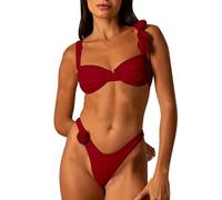 Maillot Bain à Trois Fleurs Couleur Unie pour Femmes, avec Support en Acier et Coussinet Poitrine, Maillot Bain Fendu Bikini Transparent à Col Bas Et Soutien-Gorge (Red, L)