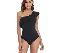 Maillot Bain Femme 1 Piece de Retro Vintage Dames Maillot de Bain Couleur Col en V Dentelle Sexy Une Pièce Nouveau Solide Maillots Tankinis Robe Femme Grande Taille Maillots (Black,XXL)