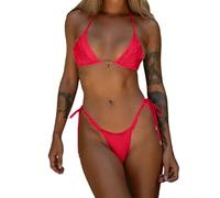 Maillot Bain String De Taille Haute Femme Women Sexy Brazilian Bikini 2 Piece Spaghetti Strap Top Thong Swimsuit Bathing Suit Haut De Maillot Bain Femme Ensemble Sport (Watermelon Red, L)
