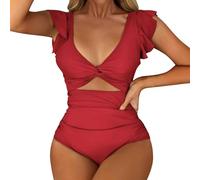 Maillot Basket pour Femme, Taille Haute, col en V, découpe à Volants, froncé, 1 pièce, Maillot de Bain Bas De Maillot De Bain Femme Noir (Red, S)