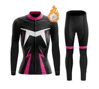 Maillot Cyclisme Femme Hiver Tenue Cycliste en Polaire Thermique,Vêtements de Velo VTT Jerseys Manche Longue et Pantalon avec 19D Coussin Gel,Ensemble Combinaisons de Cycling MTB Respirant(9,XL)