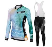 Maillot Cyclisme Femme Hiver Tenue Cycliste en Polaire Thermique,Vêtements Velo VTT Jersey Manche Longue et Cuissard à Bretelle avec 19D Coussin Gel,Ensemble Combinaisons de Cycling Respirant(7,L)