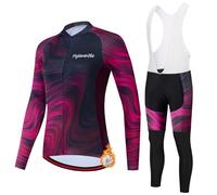 Maillot Cyclisme Femme Hiver,Vêtements Velo VTT Tenue Cycliste en Polaire Thermique Jersey Manche Longue et Cuissard à Bretelle avec 19D Coussin Gel,Ensemble Combinaisons de Cycling Respirant(2,S)