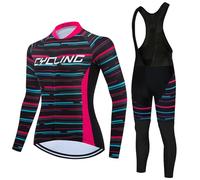 Maillot Cyclisme Vêtements Velo VTT Femme,Tenue Cycliste Manche Longue Jerseys et Pantalon à Bretelle avec 19D Coussin Gel,Ensemble Combinaisons de Cycling Printemps Automne Séchage Rapide(11,M)