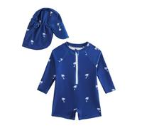 Maillot de Bain 1 Pièce à Manches Longues avec Fermeture Éclair et Chapeau pour Bébé Garçon d'Été avec T-Shirt à Imprimé et Short de Bain Assorti, pour la Plage et la Piscine (Blue, 0-6 Months)