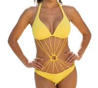 Maillot de Bain 1 Pièce Femme, Halter Push Up, Découpe Sexy avec Anneau Central, Disponible en 3 Couleurs, Tailles S à XL (FR/ES, Alpha/Lettres, Grand, Taille Normale, Taille Normale, Jaune)