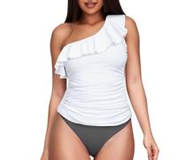 Maillot de Bain 1 Piece Femme Maillots de Bain Women's Two Piece Swimsuits One Shoulder Tankini Tummy Bathing Suits Swimwear Vetement Femme Grande Taille Maillots (White, M)