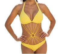 Maillot de bain 1 Pièce Femme Push Up Amovible avec armature souple, Découpe Elégante Jaune M