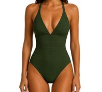 Maillot de Bain 1 pièce Kaki - Décolleté en V - Tissu piqué