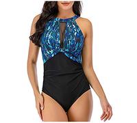 Maillot de Bain 1 Piece Maillot de Bain Femme Monokini Une Pièce Mesh Femmes Haute Nuque Ruched V-Neckline Swimwears Tankinis Set Robe Femme Maillots (Blue,M)