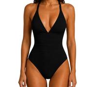 Maillot de Bain 1 pièce Noir - Décolleté en V - Tissu piqué