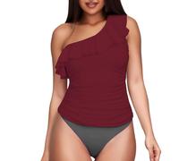 Maillot de Bain 1 Pièce Ventre Plat Gainant Women's Two Piece Swimsuits One Shoulder Tankini Tummy Bathing Suits Swimwear Tankini Grande Taille Short Maillots de Bain Femme (Wine, XXL)