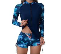 Maillot De Bain 2 Pièce Femme À Manches Longues Tee Shirt avec Boyshorts Anti UV Rashguard UPF 50+ Rash Guard Cache Maillots Swimwear Fermeture Éclair Séchage Rapide Natation Surfing