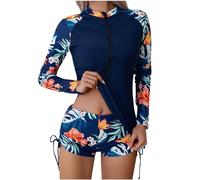 Maillot De Bain 2 Pièce Femme À Manches Longues Tee Shirt avec Boyshorts Anti UV Rashguard UPF 50+ Rash Guard Cache Maillots Swimwear Fermeture Éclair Séchage Rapide Natation Surfing