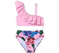 Maillot De Bain 2 Pieces Ado Fille 5-12 Ans Ensemble Haut De Bain Une épaule Et Tanga De Bain Taille Haute Enfant Fille Chic Imprimé Tropical Sport Plage Océan Piscine Natation Bikini (6-7 Ans, Rose)