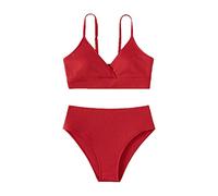 Maillot De Bain 2 Pièces Ado Fille 8-16 Ans Ensemble Maillot De Bain Enfant Fille Camisole Débardeur + Tanga Taille Haute Bikini Fille Chic Pas Cher Plage Piscine Natation Sport (Rouge, 170)