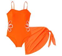 Maillot de Bain 2 Pieces Ado Fille Combinaison avec Cache-Maillots Sarongs Ensemble de Plage Piscine 11-12 Ans Orange