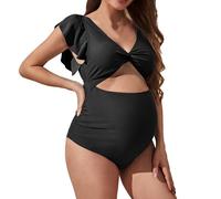Maillot de Bain 2 Pièces d'été pour Femmes Enceintes Maillots de Bain Deux Pièces Grossesse Femmes Tankini Maternité Enceintes Bikini Enceinte Col en V Couleur Unie Vêtements De Plage (Black, L)