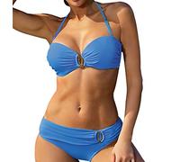 Maillot de Bain 2 Pièces Dos Nu Bandeau Halterneck Push Up Rembourré Bikini Plage Taille Haute Femme Mayo de Bain 2 Piece Caleçon de Bain Ensemble Maillot de Bain Deux Pieces Surf Natation Bleu L