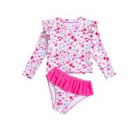 Maillot De Bain 2 Pieces Enfant Fille 4-10 Ans Ensemble de Tankini Haut De Maillot De Bain Rashguards Manche Longue + Culotte à Volants Adolescent Fille Fleur Plage Piscine Vacances (6-7 Ans, Rose)