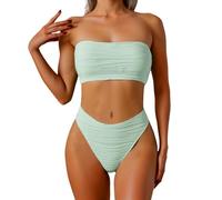 Maillot de Bain 2 Pièces Femme Bikini Bandeau Bustier à Texture Gauffrée avec Bas de Bikini Échancré Taille Haute