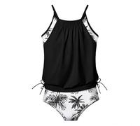 Maillot de Bain 2 Pieces Fille 12 Ans Maillot de Bain Tankini Deux pièces pour Filles avec Impression Florale et Tropicale Conception à Double Couche pour Une optimale (Black, 13-14 Years)