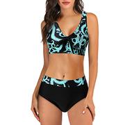 Maillot De Bain 2 PièCes Grande Taille Bandeau Deux pièces Licou Ensemble Femmes Haut rétro Maillot de Bain Avant pièce froncé remorquage Bikini Taille Transbronzant Femme Bikini (Blue, XL)