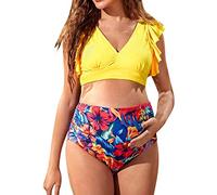 Maillot de Bain 2 Pièces Maternité Shorty Taille Haute Chic Imprimé Fleur Vêtements De Plage Océan Piscine Natation Bikini Maternité Enceintes Grossesse Push Up Col en V Volants Grande Taille