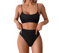 Maillot de Bain 2 Pièces pour Femme, Bikini à Taille Haute avec Coupe Échancrée, Haut de Bain Style Brassière à Fines Bretelles, Couleurs Unies Éclatantes, Ensemble de Plage Minimaliste