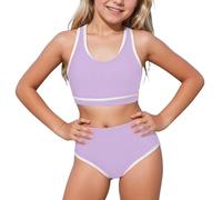 Maillot de Bain 2 pièces pour Fille - Couleur Unie - avec Coussinets de Poitrine - Taille Haute - Maillot de Bain Sportif #F4