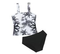 Maillot de bain 2 pièces pour fille - Séchage rapide - Imprimé tropical - Tankini léger - Haut rembourré - Bas d'été mignon - Maillot de bain athlétique modeste, Noir , 10-11 ans