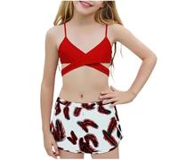 Maillot de bain 2 pièces pour filles 8 à 14 ans, haut de bain à découpes sur le devant pour enfants de 8 à 14 ans, maillot de bain imprimé plumes, A35 Rouge, 14-15 ans