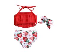 Maillot de Bain 3 pièces à imprimé Fraise pour Filles et bébés, Ensemble de Bain à Pompons Rouges, pour la Plage et Les Sources Chaudes