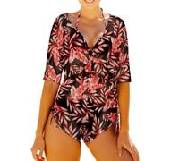 Maillot de bain 3 pièces en maille polyester avec cordon de serrage | L'ensemble trois pièces comprend un maillot de bain, un short et un chemisier, une taille en maille, une fermeture à cordon