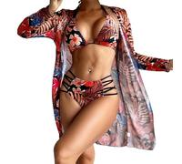 Maillot De Bain 3 Pieces Femme Ensemble Bikini Haut De Maillot De Bain Debardeur + Tanga + Paréo Manche Longue Pas Cher Imprimé Tropical Plag Natation Sport Piscine Océan (Red, S)