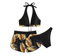 Maillot de bain 3 pièces pour femme - Imprimé feuilles de palmier - Soutien-gorge à col suspendu avec short triangle - Jaune - L