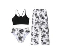 Maillot de bain 3 pièces pour fille - Confortable - Avec imprimé floral tropical - Avec pantalon - Décontracté - Léger - Pour l'été - Classique - Pour la plage, la piscine, Noir (01), 10-11 ans